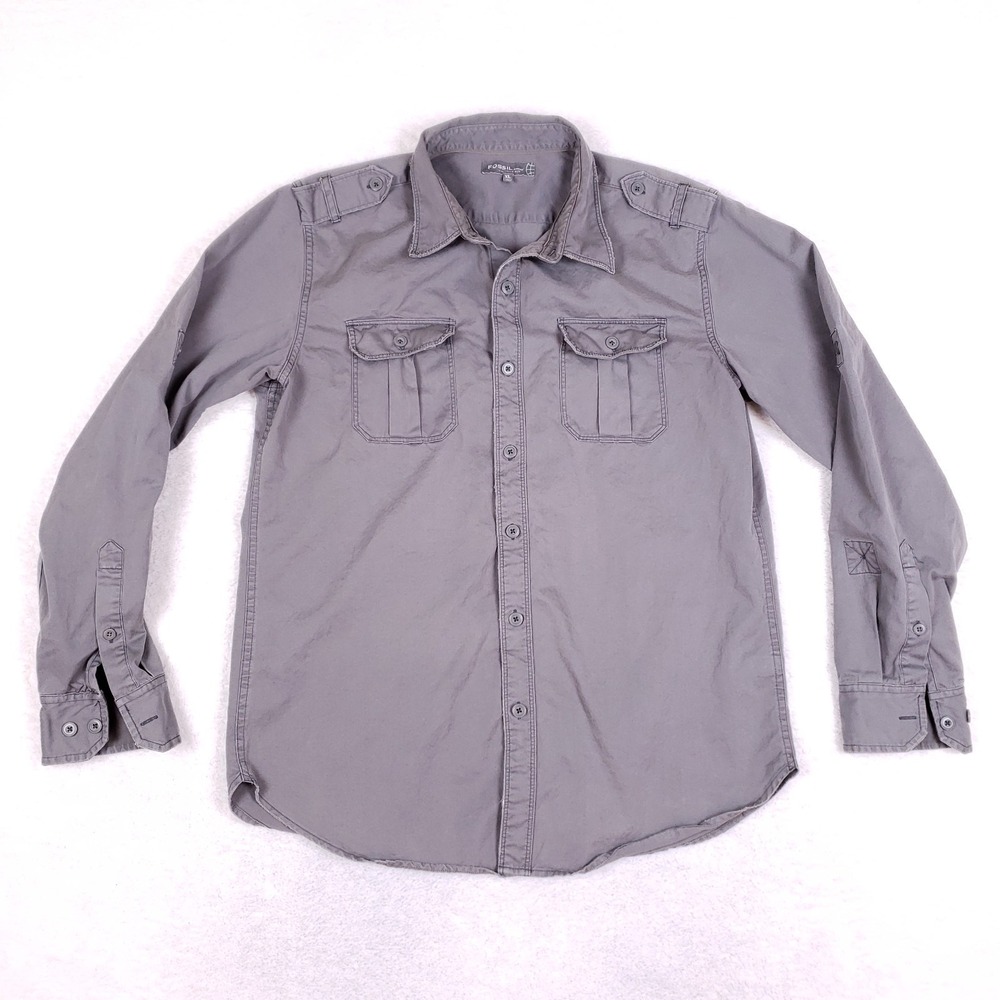 Fossil‎ Button Up Shirt Vintage Fit Utility Roll Tab Sleeves Mens Size XL Gray